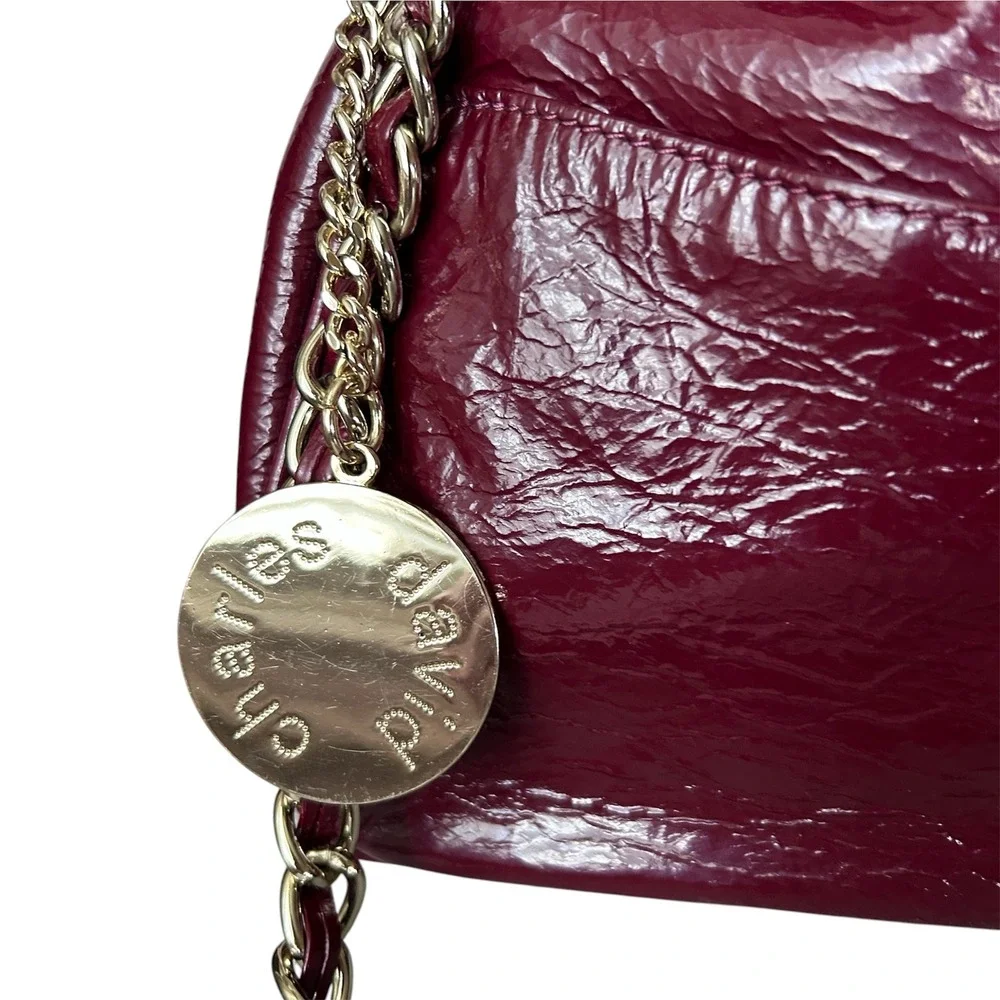 Charles David Burgundy Patent Leather Large Kiss Lock Frame Clutch Chain Bag Y2K